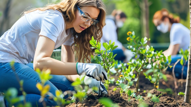 Una mujer joven está plantando un árbol en el suelo mientras usa gafas y guantes de protección Ella lleva una camiseta blanca y pantalones vaqueros azules