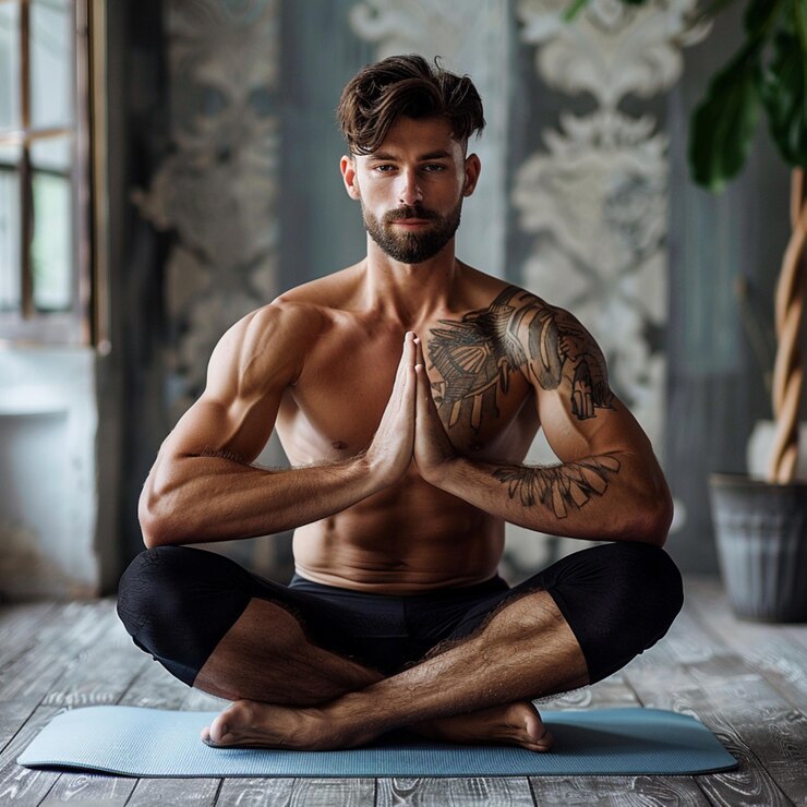 Una mujer joven está representada sentada en una alfombra de yoga en un estudio bien iluminado