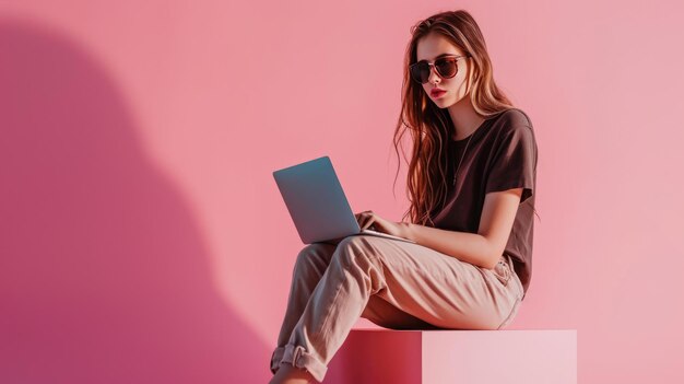 Una mujer joven está sentada en un cubo rosa trabajando en una computadora portátil con un fondo rosa