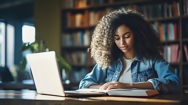 Una mujer joven está sentada en una mesa en una biblioteca leyendo