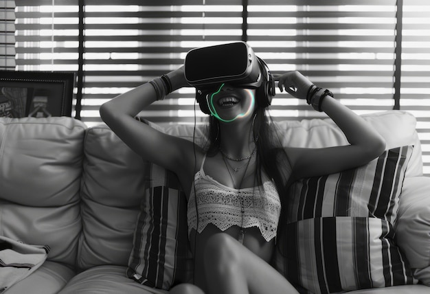 Una mujer joven está sentada en el sofá y está usando auriculares VR