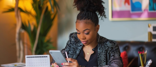 Una mujer joven está sentada en su escritorio mirando su teléfono tiene una expresión reflexiva