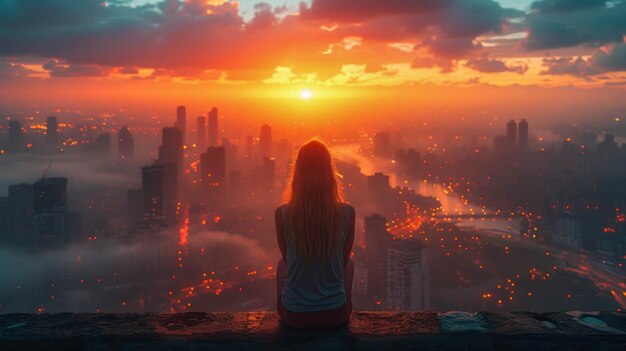 Una mujer joven está sentada en el techo y mirando la ciudad.