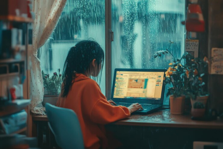 Una mujer joven está trabajando en su computadora portátil por la noche con una vista de la ciudad lluviosa fuera de su ventana