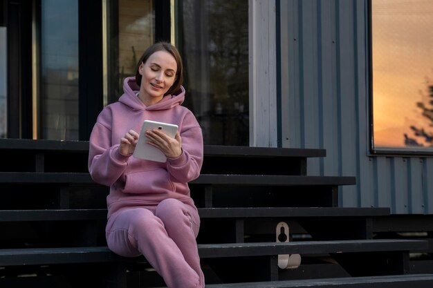 Mujer joven está trabajando con una tableta mientras está sentada en las escaleras de su casa en un hermoso verano