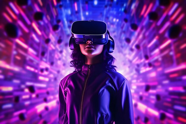 Mujer joven está usando auriculares de realidad virtual Una persona que juega en juegos de realidad virtual usando gafas de realidad virtual con un aspecto moderno y colores brillantes