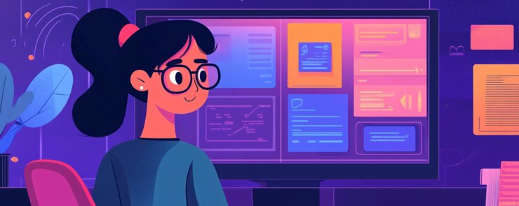 Foto una mujer joven está usando múltiples monitores para trabajar desde su oficina en casa por la noche