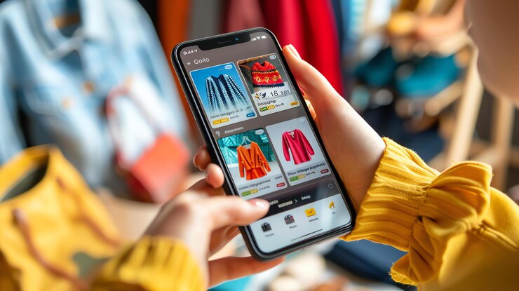 Foto una mujer joven está usando su teléfono inteligente para comprar ropa en línea. está mirando una variedad de artículos diferentes, incluidos vestidos, tops y faldas.
