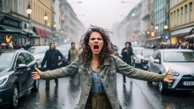 Mujer joven con un estado de ánimo enojado porque tiene un problema con la gente que conduce en la carretera