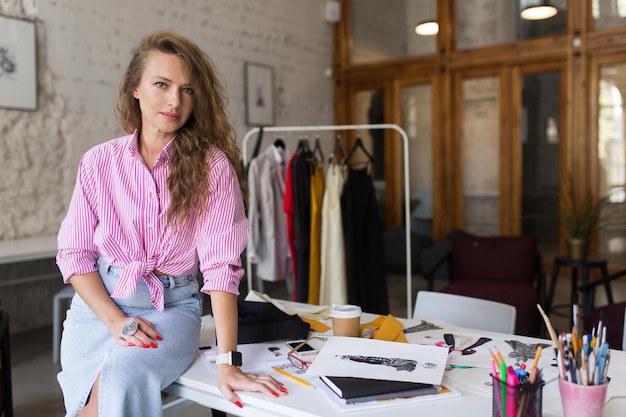 Mujer joven con estilo en camisa a rayas y falda de mezclilla con big ri