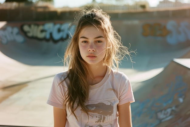 Mujer joven con estilo casual posando en el skatepark urbano durante la hora dorada