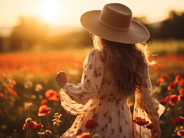 Foto mujer joven con estilo con sombrero de paja caminando en un campo floral a la luz del atardecer verano rural digital ai