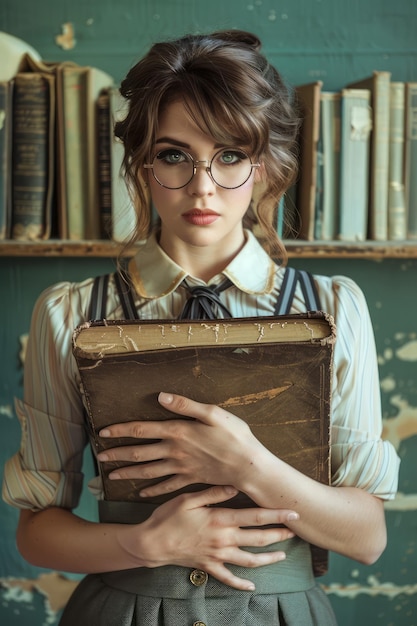 Foto mujer joven de estilo vintage con gafas sosteniendo un libro antiguo en una biblioteca clásica