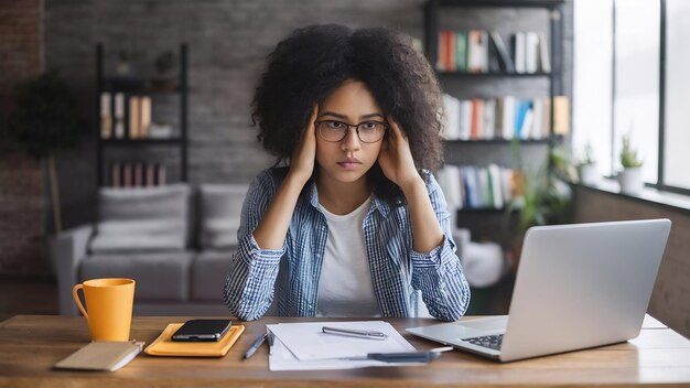 Foto mujer joven estresada calculando los gastos mensuales de la casa impuestos saldo de la cuenta bancaria y tarjeta de crédito
