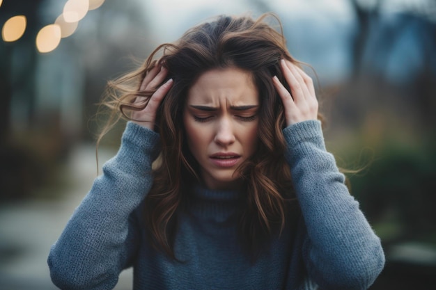 Mujer joven estresada que sufre de dolor de cabeza y depresión