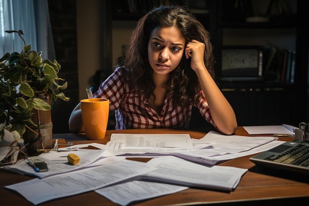 Mujer joven estresada revisando sus facturas que reflejan la tensión financiera durante una recesión