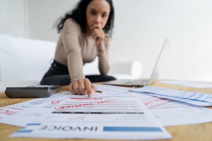 Foto mujer joven estresada tiene problemas financieros deuda de tarjeta de crédito para pagar crucial