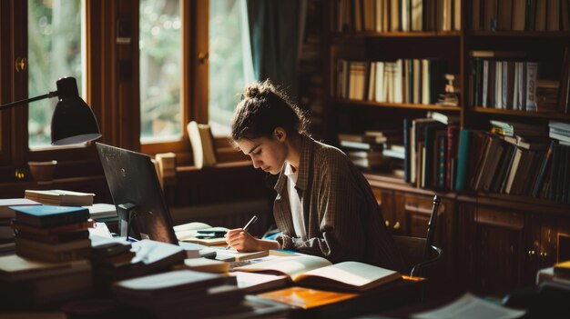 Una mujer joven estudia en una biblioteca acogedora con libros y una lámpara que crea una atmósfera tranquila AIG58