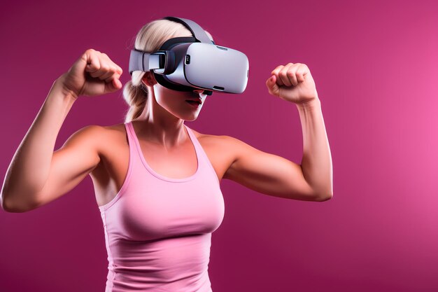 Mujer joven estudio de fitness de realidad virtual fondo púrpura claro