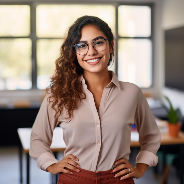 Foto mujer joven étnica india profesora universitaria sonriendo