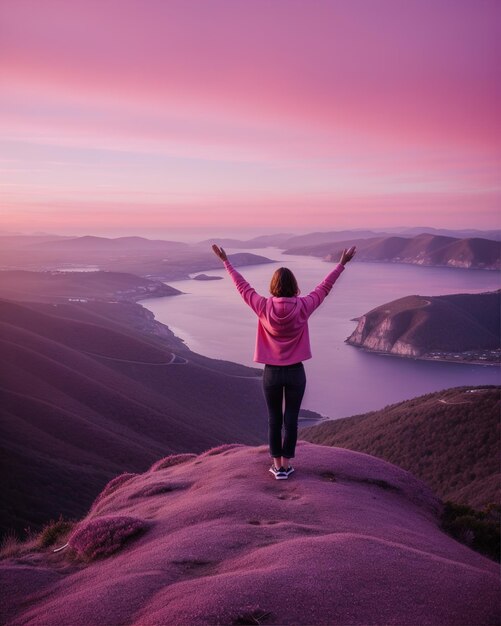 Foto mujer joven excursionista brazos abiertos en la cima de una montaña al amanecer ai generativo