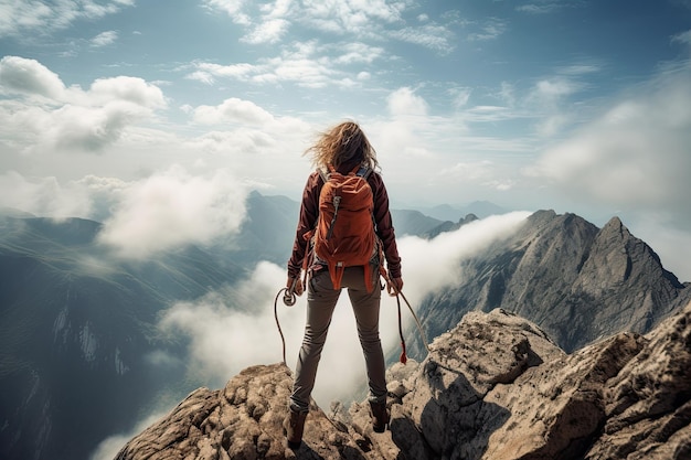 Mujer joven excursionista con mochila parada en la cima de una montaña y mirando a lo lejos Mujer extrema escalando rocas en una vista trasera de la montaña sin caras visibles generadas por IA