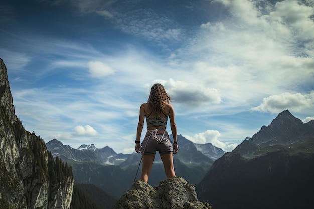 Mujer joven excursionista parada en la cima de una montaña y disfrutando de la vista Mujer extrema escalando rocas en una montaña vista trasera sin rostros visibles AI generado