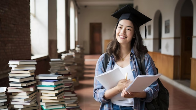 Foto mujer joven exitosa inscrita en la universidad estudiando duro para obtener un título trabajando en un proyecto