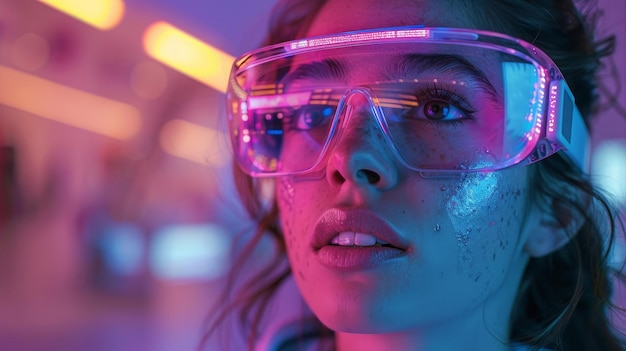 Foto una mujer joven experimentando con una experiencia nocturna inmersiva