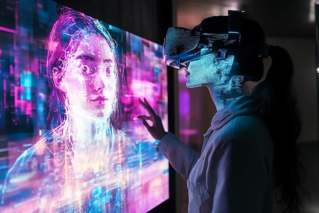 Mujer joven experimentando realidad virtual avanzada resaltada por superposiciones digitales azules futuristas