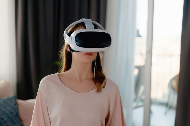 Mujer joven explora el universo digital con auriculares de realidad virtual