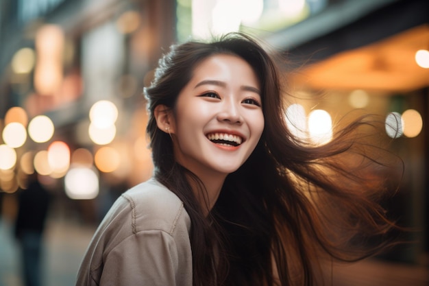 mujer joven expresión feliz al aire libre en una ciudad generada por ai