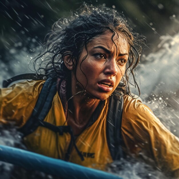 Una mujer joven con una expresión de preocupación en su rostro está de pie en un barco durante una tormenta, generada por la IA