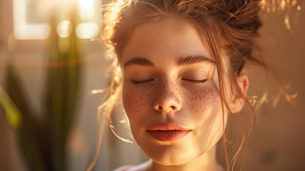 Una mujer joven con una expresión serena y un retrato pacífico