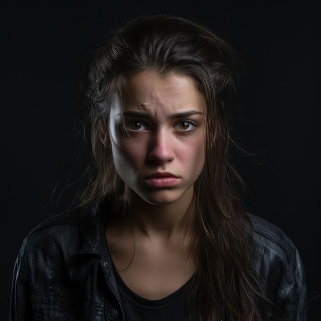 una mujer joven con una expresión triste en su rostro