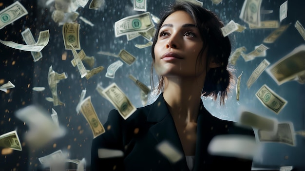 Foto mujer joven extremadamente emocional con dinero