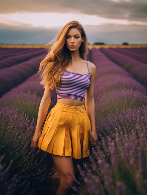 Mujer joven en una falda corta amarilla en un campo de lavanda