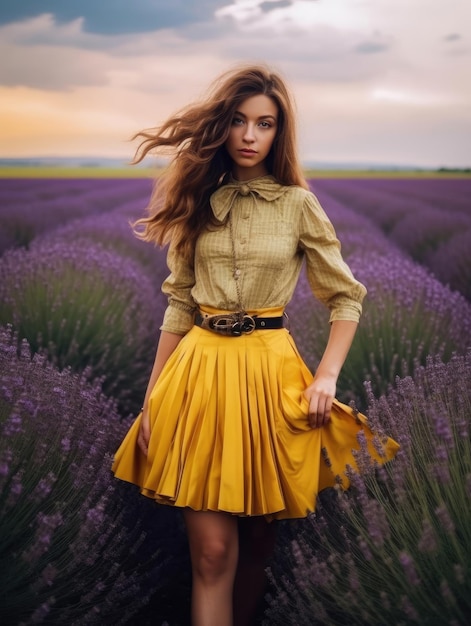 Mujer joven en una falda corta amarilla en un campo de lavanda