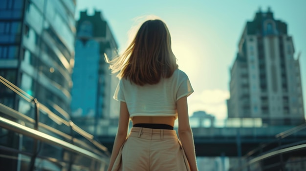 Una mujer joven con una falda corta contra el telón de fondo urbano Vista desde atrás y desde abajo Closeup AI generativo