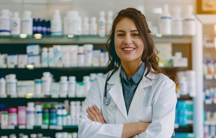 Mujer joven farmacéutica en una farmacia generada por IA