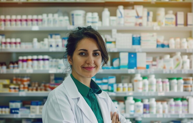 Mujer joven farmacéutica en una farmacia generada por IA