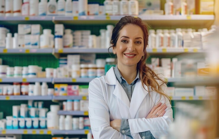 Mujer joven farmacéutica en una farmacia generada por IA