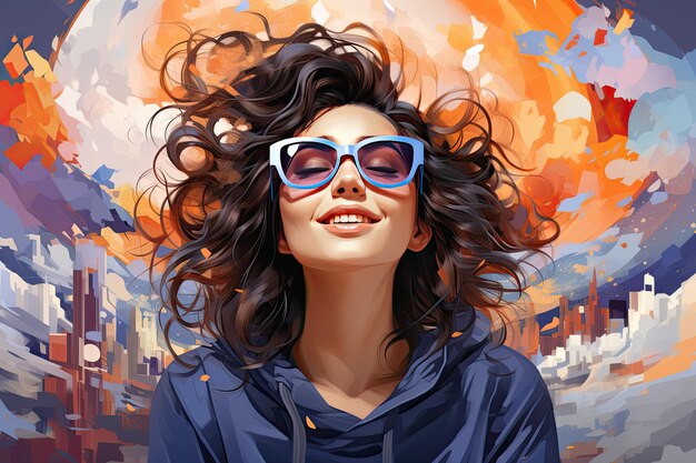 Mujer joven feliz alegre feliz riendo mujer con gafas mirando hacia arriba en el espacio de copia fondo multicolor generativo ai