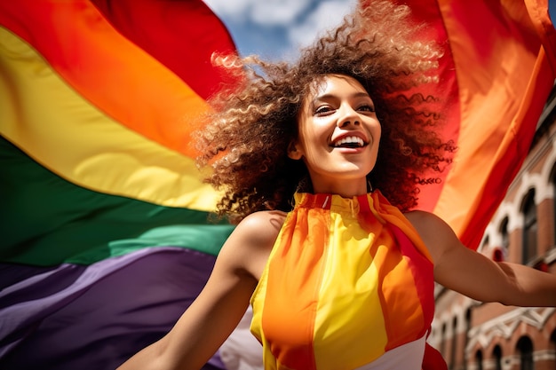 Foto mujer joven feliz con una bandera arco iris en el día del orgullo ia generativa