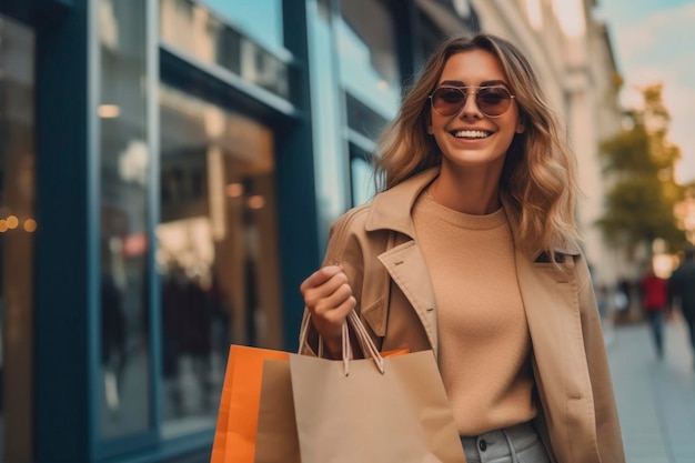 Mujer joven feliz con bolsas de compras disfrutando de las compras creadas con IA generativa