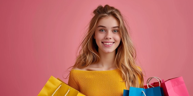 Mujer joven feliz con bolsas de compras en fondo rosa Concepto de compras