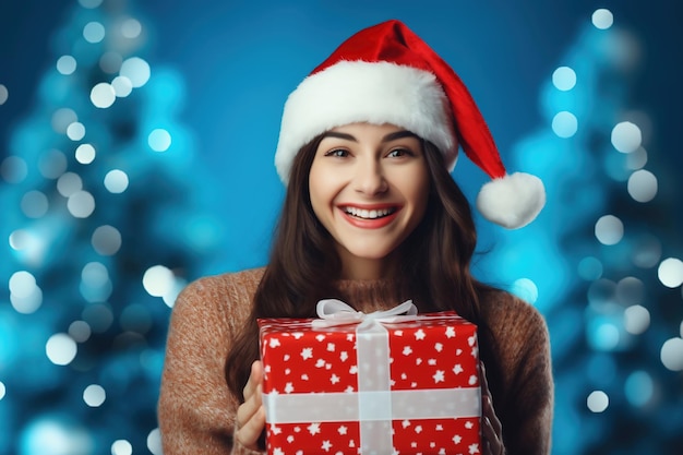 Mujer joven feliz con una caja con un regalo de Navidad sobre un fondo azul nevado Emociones vívidas Año Nuevo