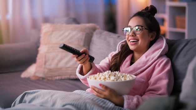 Mujer joven feliz cambiando de canal con el control remoto mientras ve la televisión y come palomitas de maíz en el