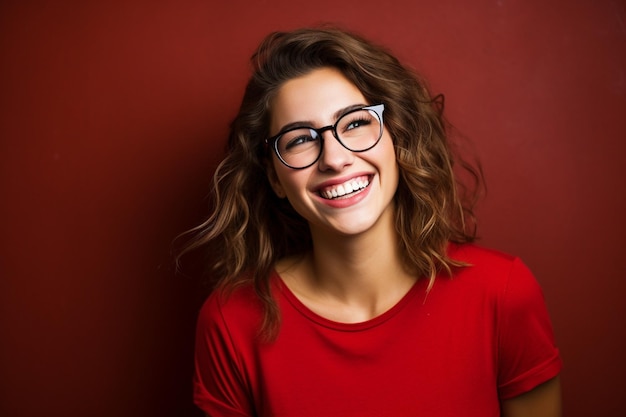 Mujer joven feliz con camisa roja y gafas sobre fondo marrón