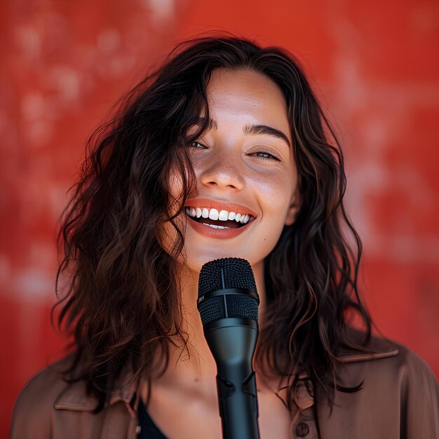 Mujer joven feliz cantando con micrófono frente a la pared roja